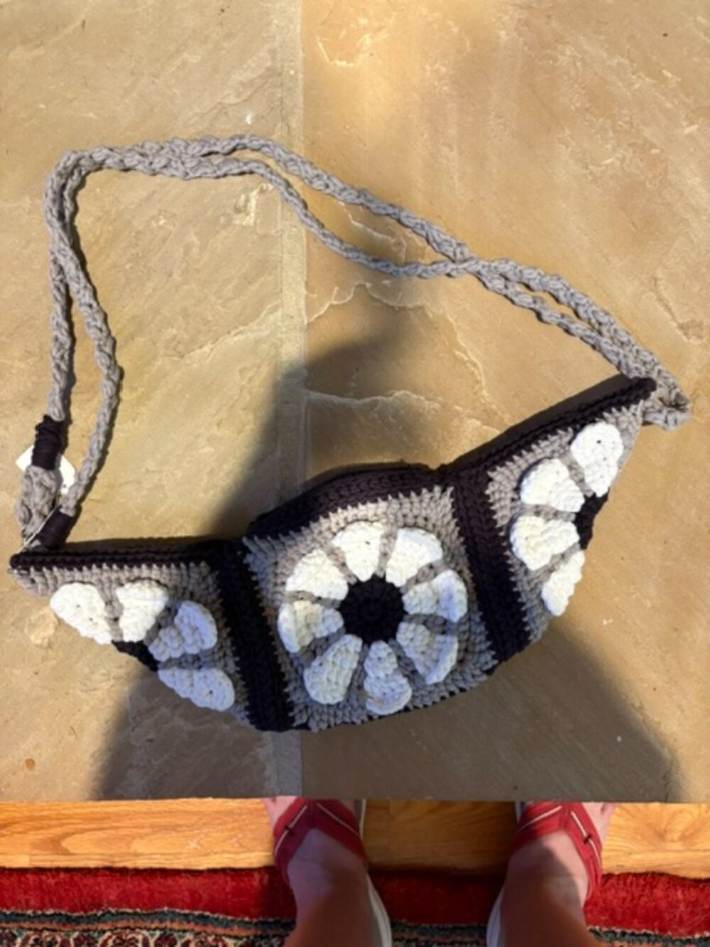 New Handmade Crochet Boho Festival Floral Crescent Shaped Crossbody Clutch Bag